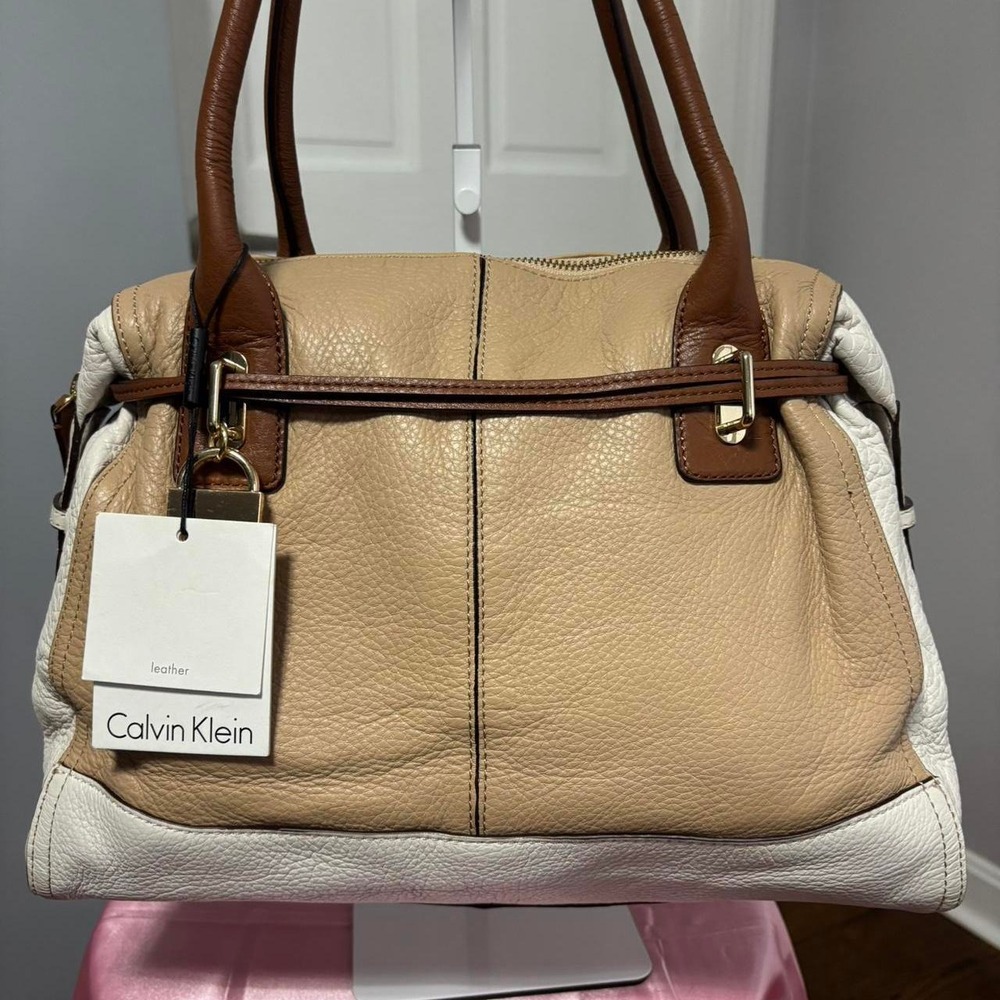 Calvin Klein Leather Nude & White Satchel Handbag NWT